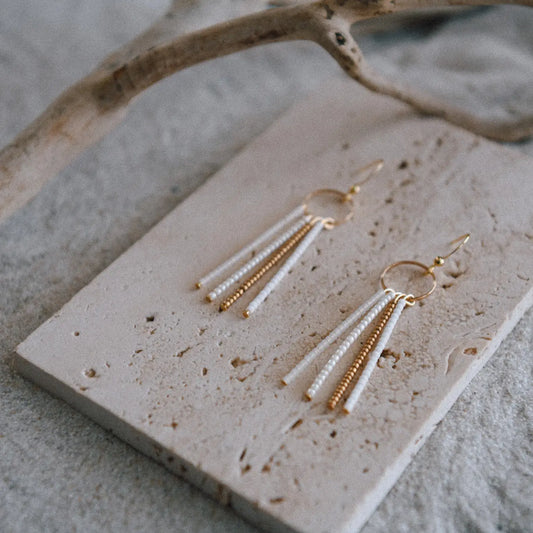 Seed Bead Fringe and Gold Hoop Earrings {Snowflake}