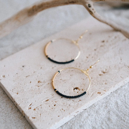 Seed Bead and Gold Plated Hoop Earring {Black}
