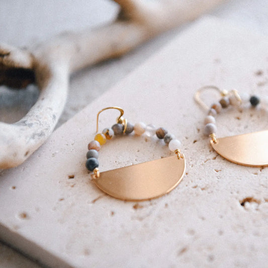 Stella Beaded Half Moon Hoop Earrings {Bamboo Agate}