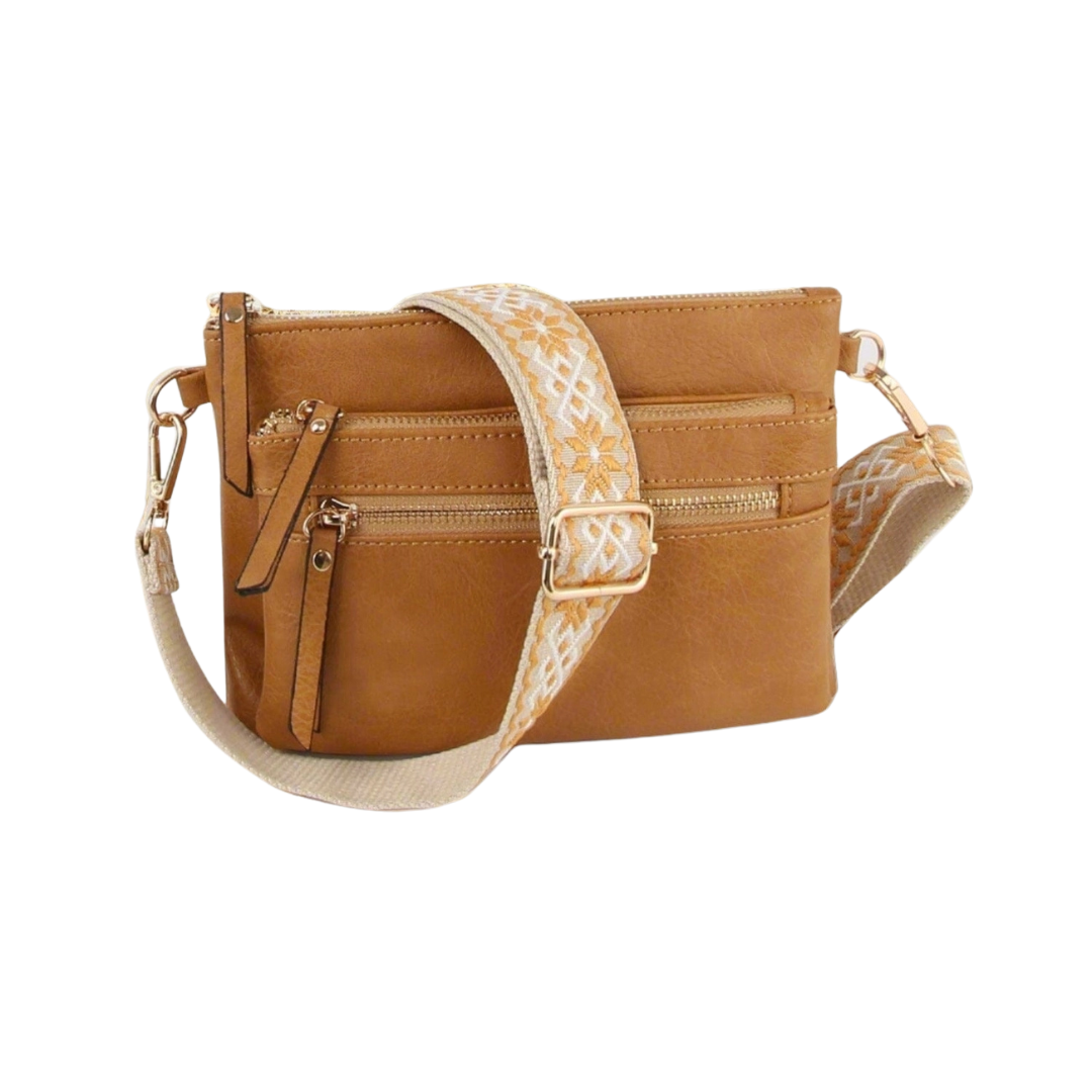 Multi Zip Pocket Crossbody Bag w/Guitar Strap {Tan}