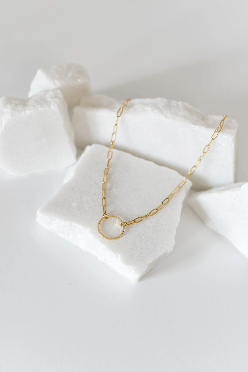 Rhodes Paperclip Necklace | Circle Charm |18k Gold Plated