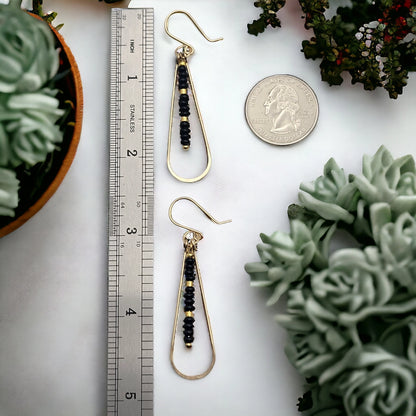 Long Gold Teardrop Hoop Earrings with Black Seed Beads