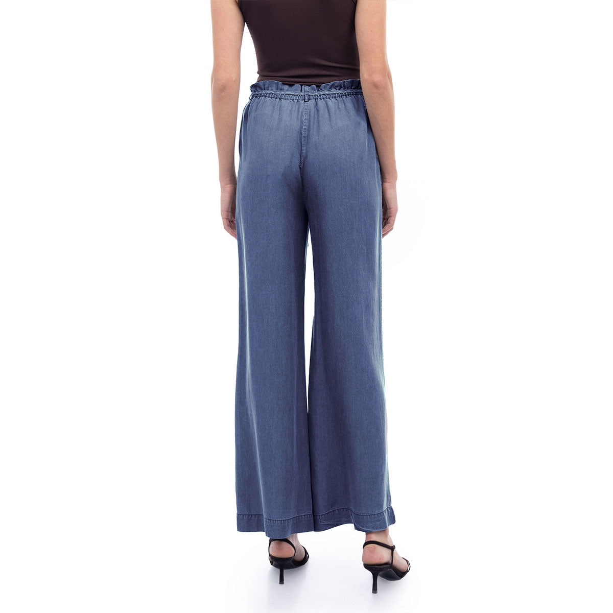 Frill Tie Waist Wide Leg Tencel Pants - Dark Blue