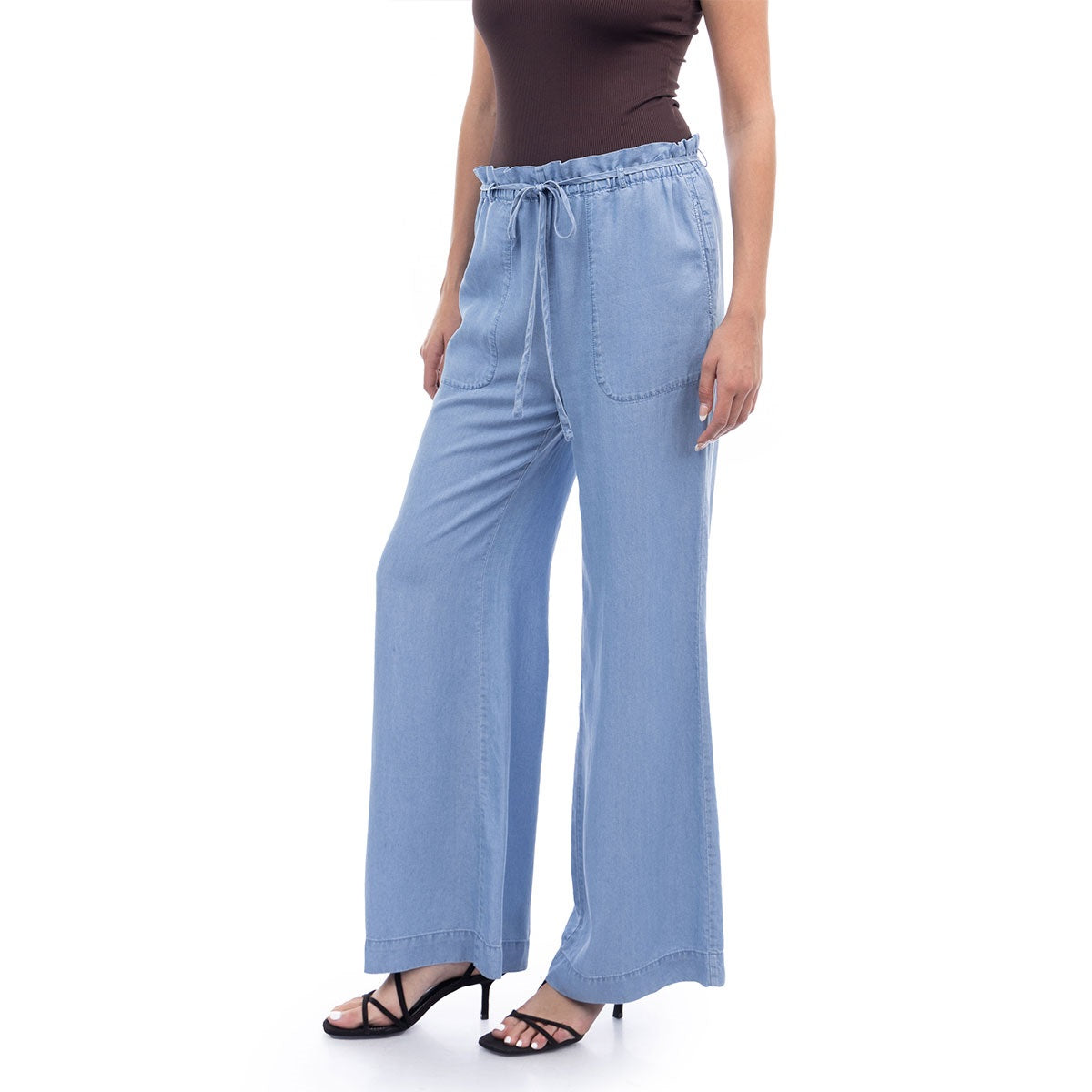 Frill Tie Waist Wide Leg Tencel Pants - Medium Blue