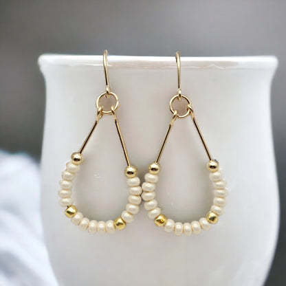 Teardrop Hoop Earrings 14k Gold Filled with Pearl Seed Beads