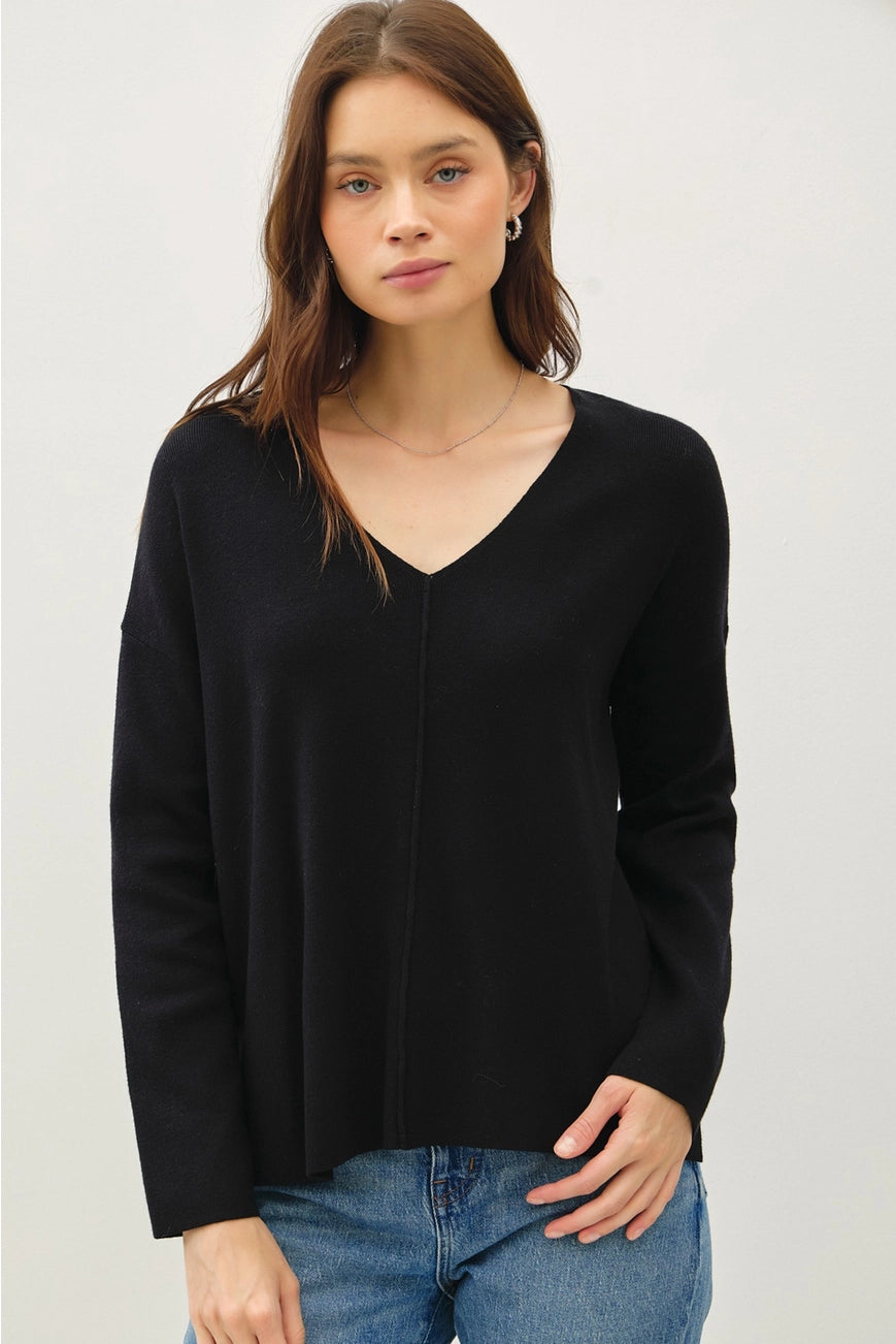 Relaxed V-Neck Sweater with Center Seam