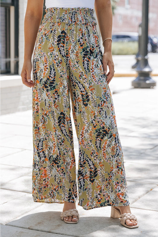 Floral Print Shirred High Waist Wide Leg