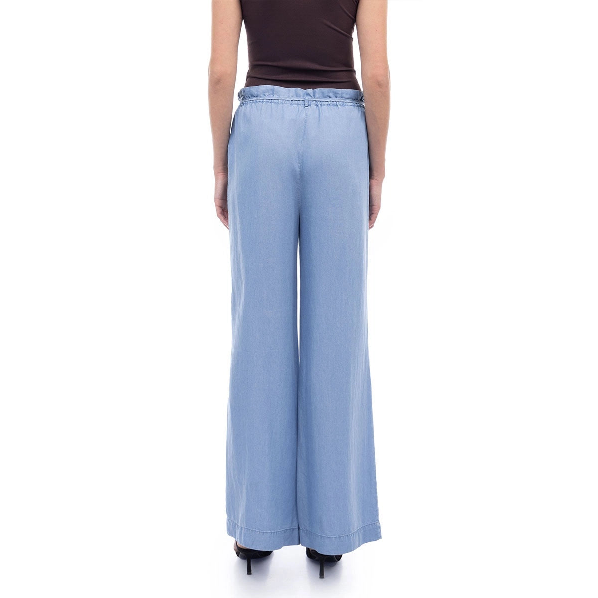 Frill Tie Waist Wide Leg Tencel Pants - Medium Blue