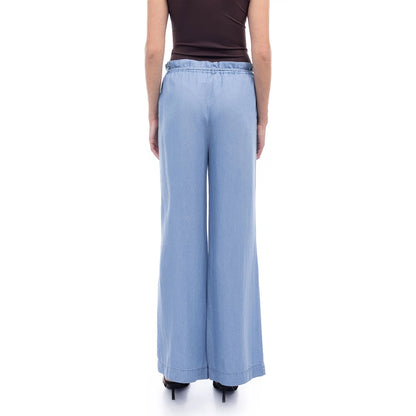 Frill Tie Waist Wide Leg Tencel Pants - Medium Blue