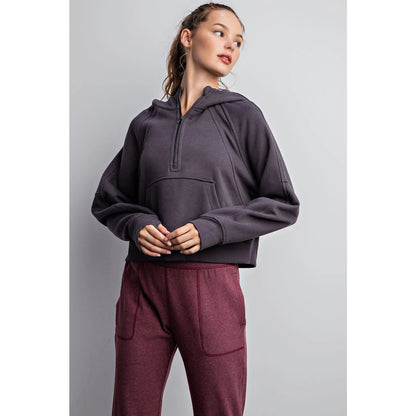 French Terry Cropped Quarter Zip Hoodie {Charcoal}
