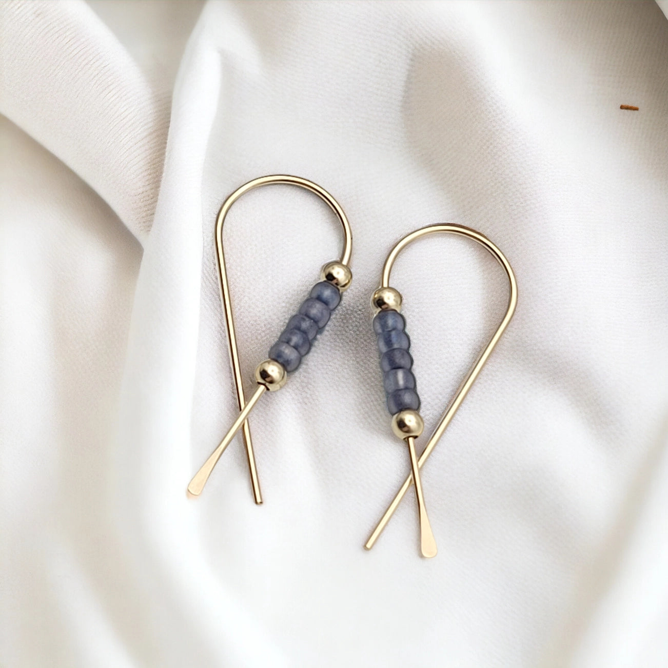 Gold Ribbon Threader Earrings with Purple Seed Beads