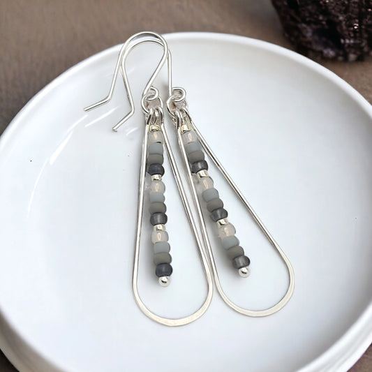 Long Sterling Silver Teardrop Hoop Earrings with Gray Beads