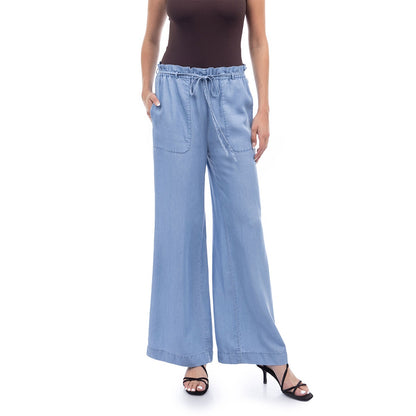 Frill Tie Waist Wide Leg Tencel Pants - Medium Blue