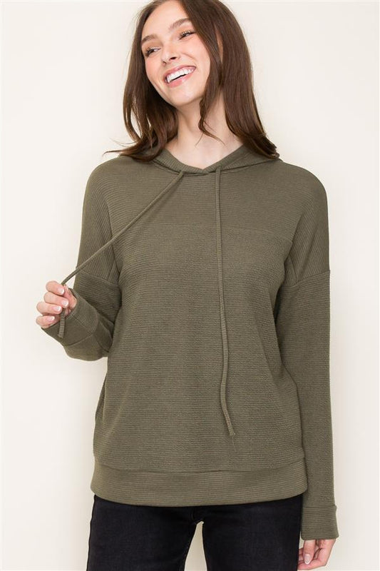 Drawstring Neck Textured Hoodie Top