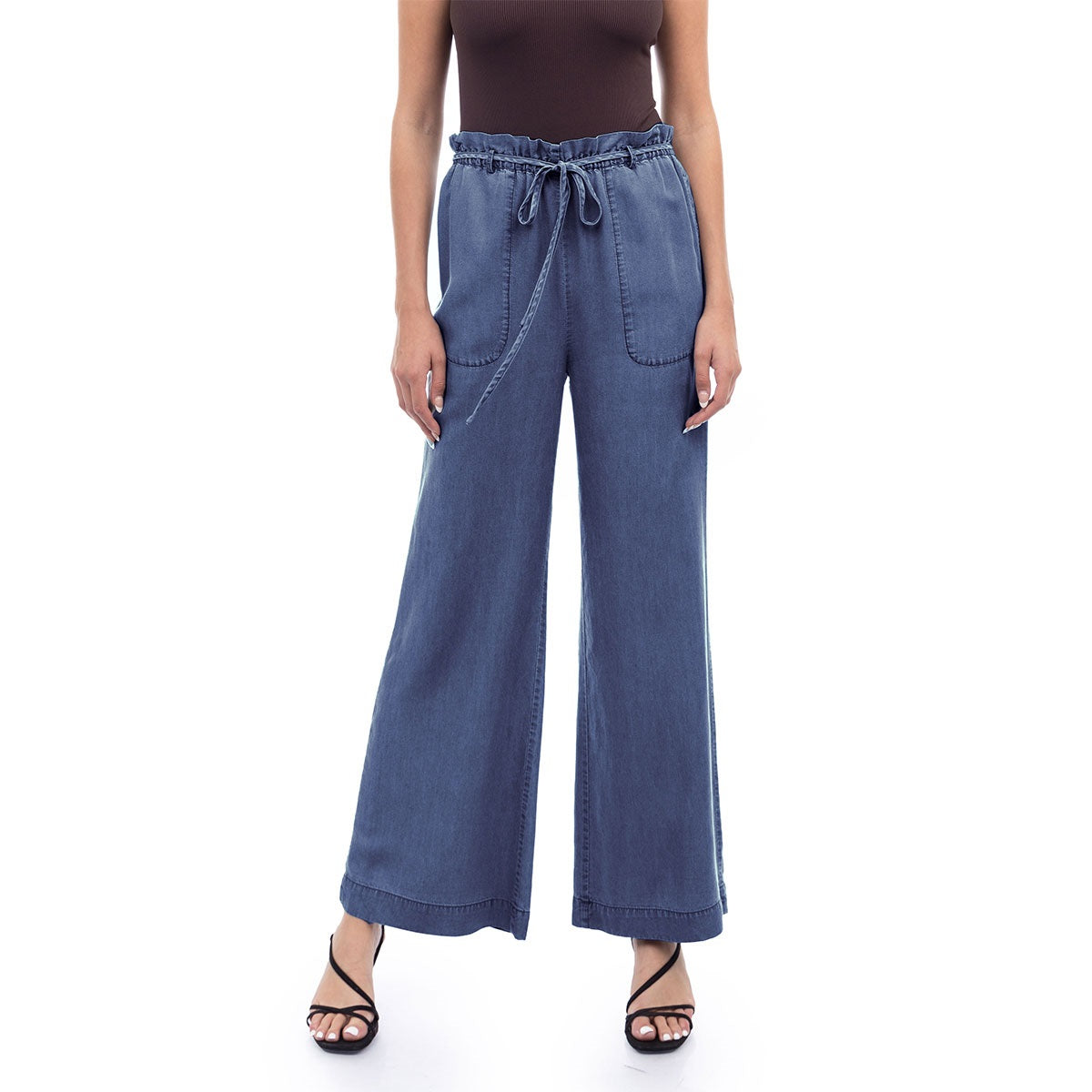 Frill Tie Waist Wide Leg Tencel Pants - Dark Blue