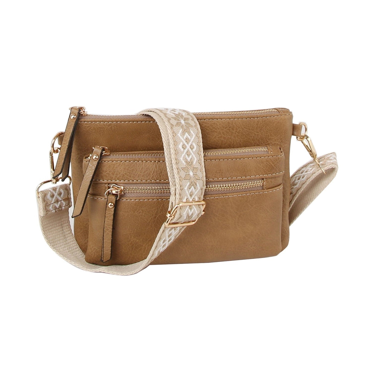 Multi Zip Pocket Crossbody Bag w/Guitar Strap {Mocha}