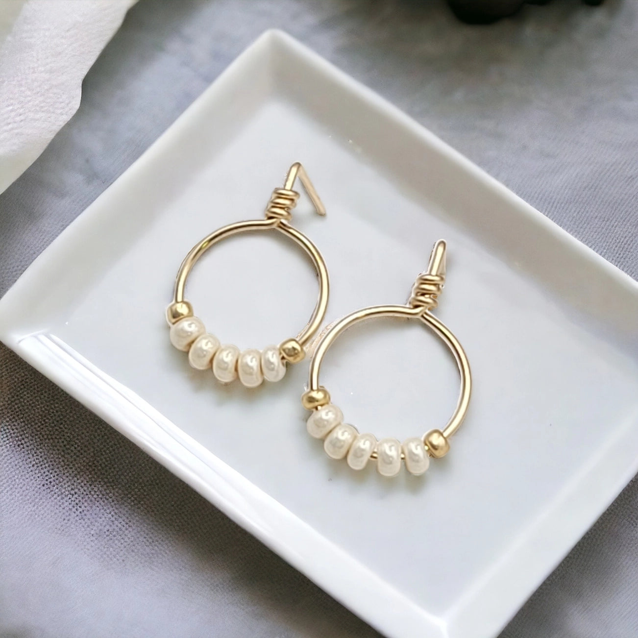 Gold & Pearl Beaded Hoop Stud Earrings