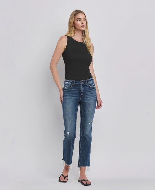 Mid Rise Frayed Hem Crop Bootcut Jeans